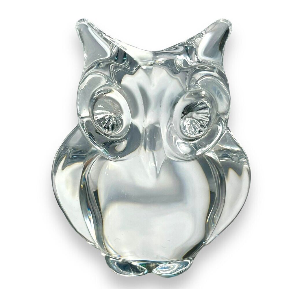 Daum Clear Crystal Minos Owl Sculpture Paperweight Figurine France Signed 3.5”